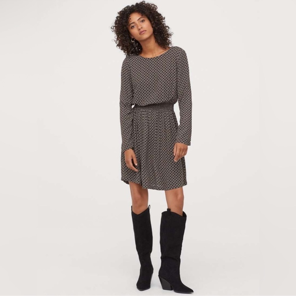 H&M Black Brown Geometric Print Long Sleeve Elastic Waist Mini Dress Size 2